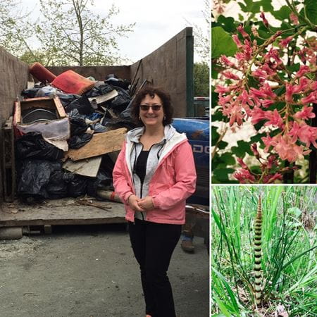 Cindy Boury in front of full  garbage bin.

Flowers and exotic looking plants.
